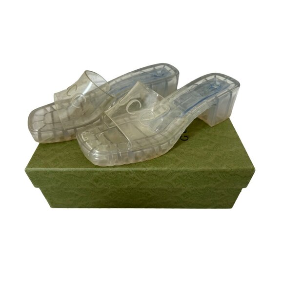 Gucci Size 11 Logo Transparent Clear Chunky Mule Sandals Block Heel Slides - Picture 1 of 16